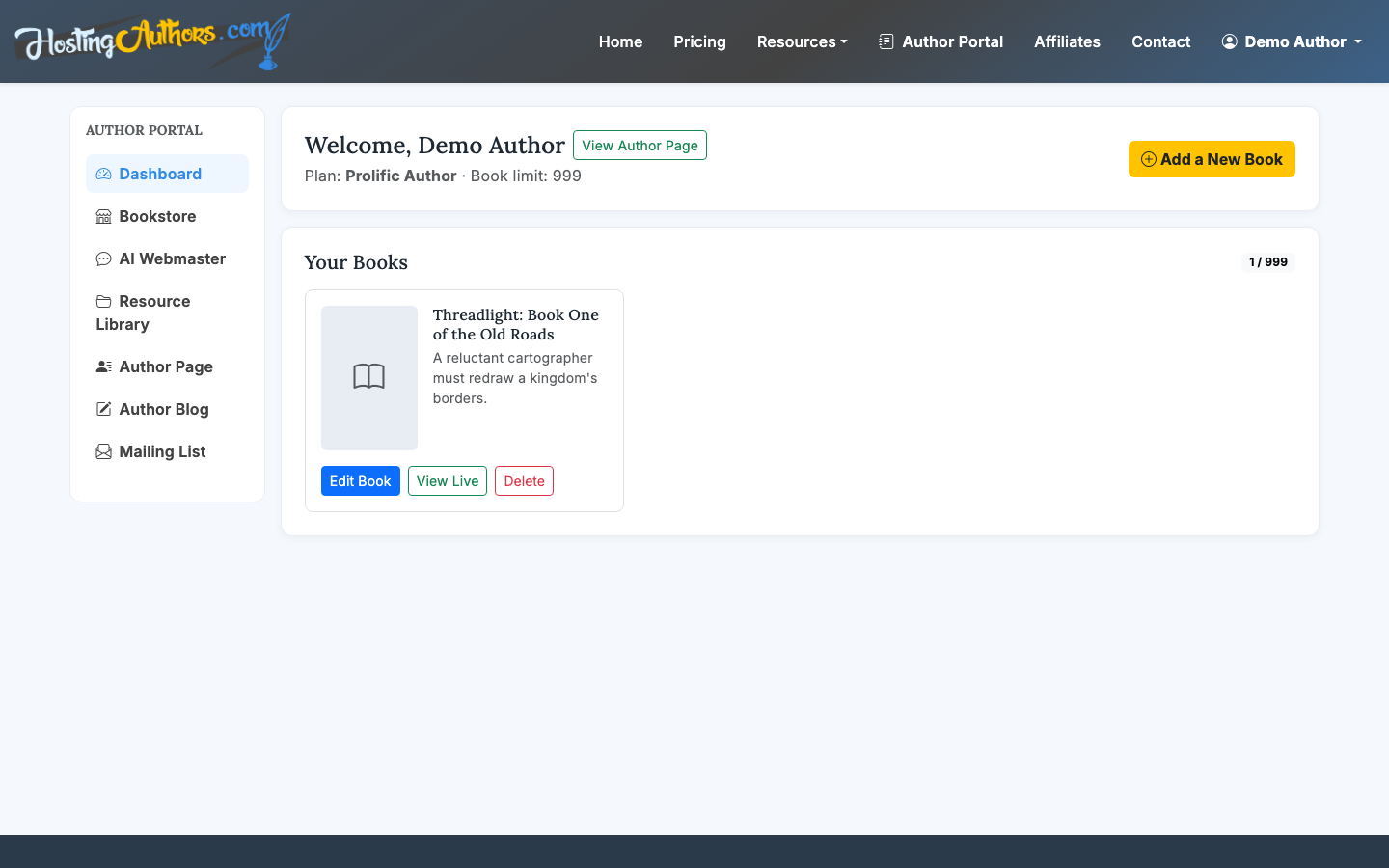 Your portal dashboard shows each book with quick actions.