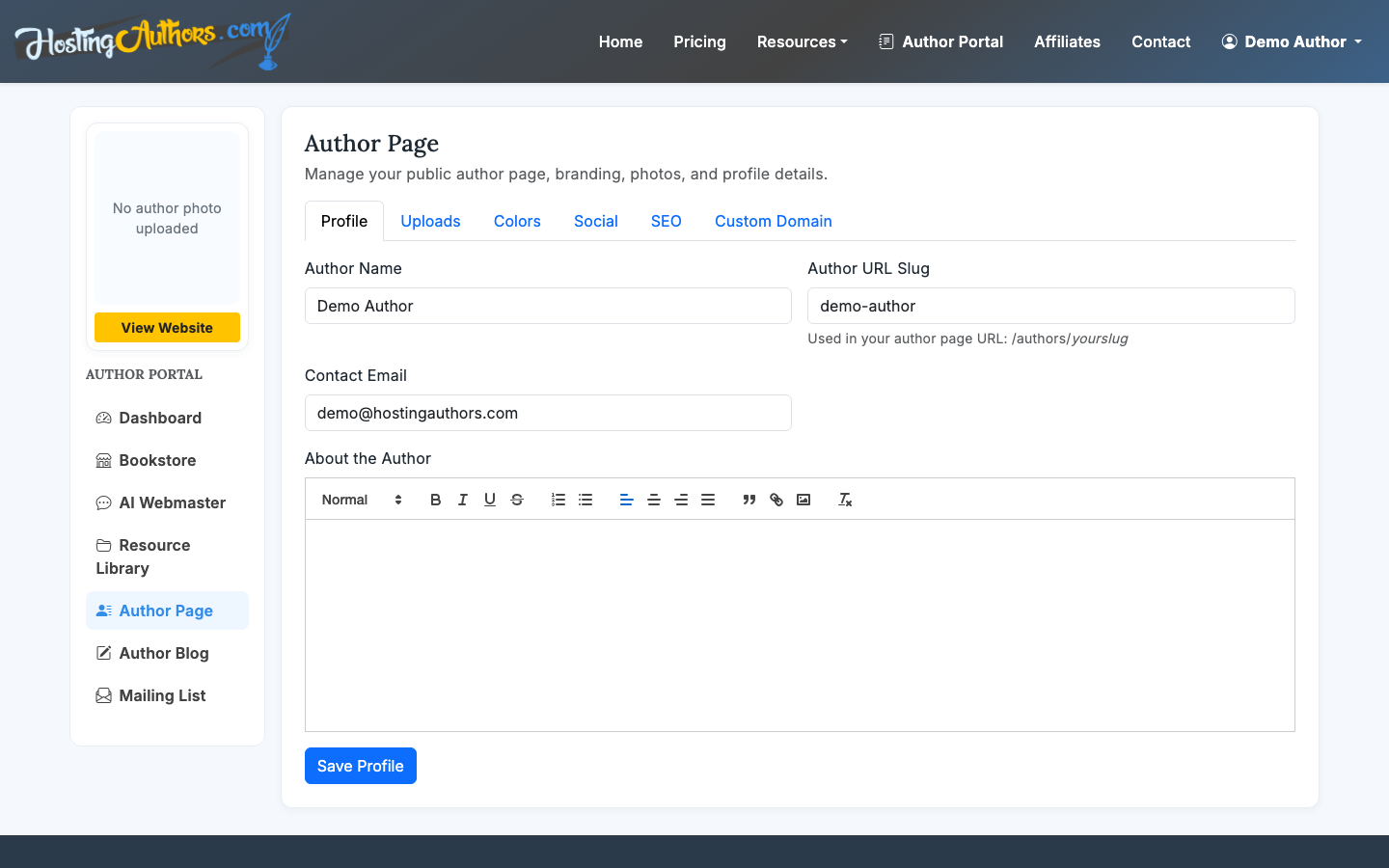 Create your author hub with bio, photo, social links, and colors.