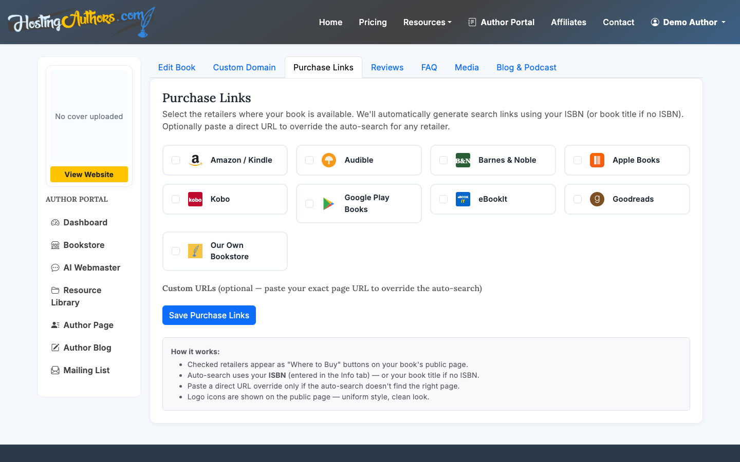 Add retailer links for Amazon, Barnes & Noble, Apple Books, Kobo, and more.